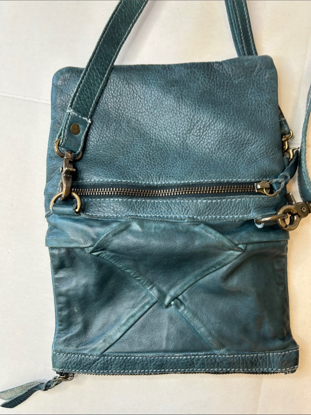 AMSTERDAM HERITAGE LEATHER CROSSBODY TEAL GREEN STRUCTURAL FOLD OVER PURSE - Picture 3 of 10